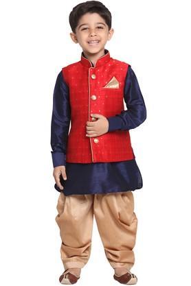 boys maroon, navy blue and rose gold silk blend ethnic jacket, kurta and dhoti pant set - maroon