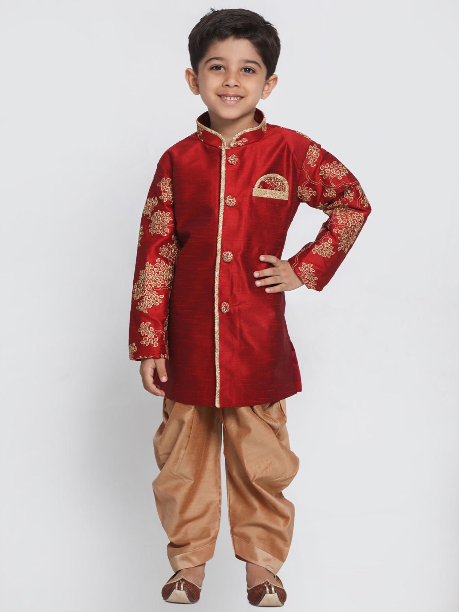 boys maroon & rose gold silk blend sherwani with dhoti (set of 2)