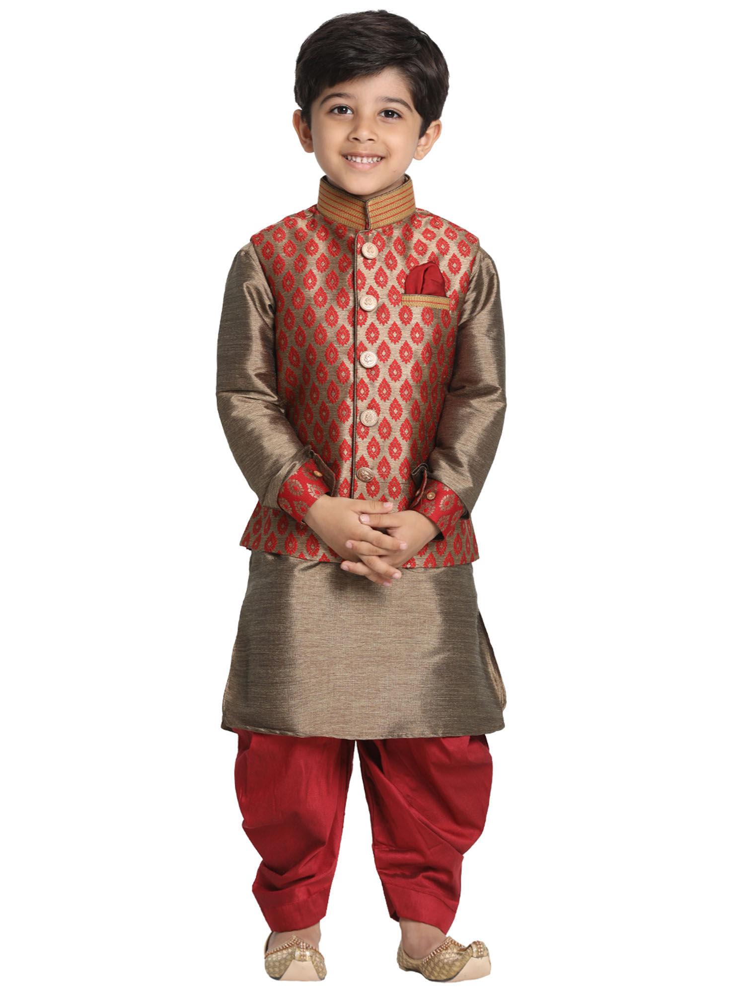 boys maroon and rose gold jacket, kurta and dhoti set (set of 3)