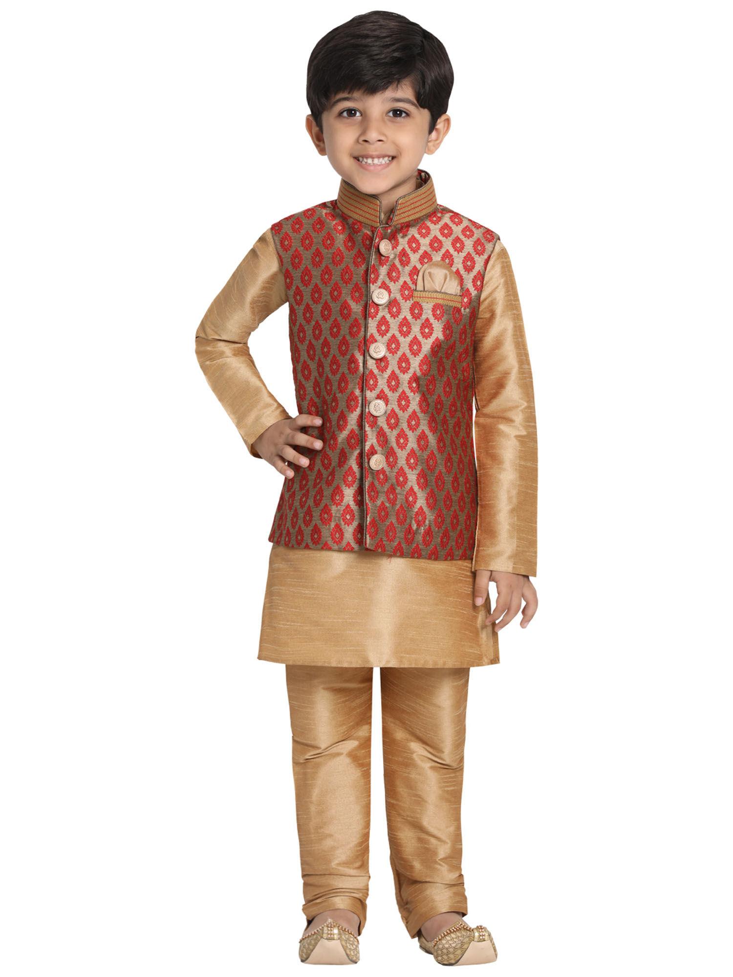 boys maroon and rose gold jacket, kurta set (set of 3)