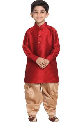 boys maroon and rose gold silk blend kurta and dhoti pant set - maroon