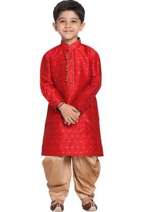 boys maroon and rose gold silk blend kurta and dhoti pant set - maroon