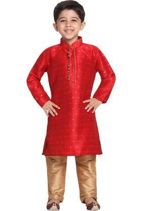 boys maroon and rose gold silk blend kurta and pyjama set - maroon