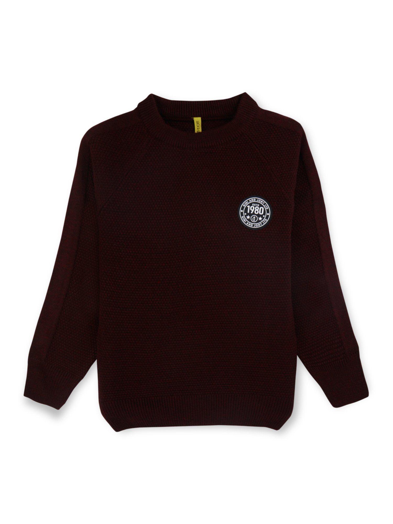 boys maroon solid cotton full sleeves sweater