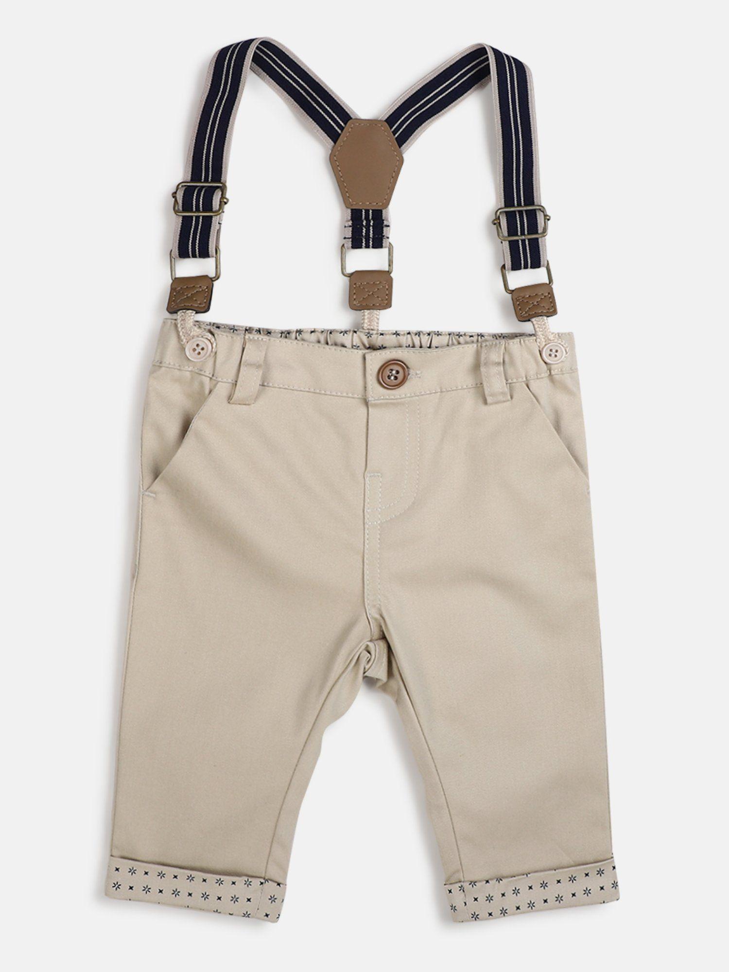 boys medium beige solid trouser with belt (set of 2)