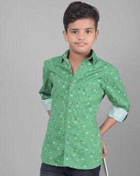 boys micro print slim fit shirt with patch pocket