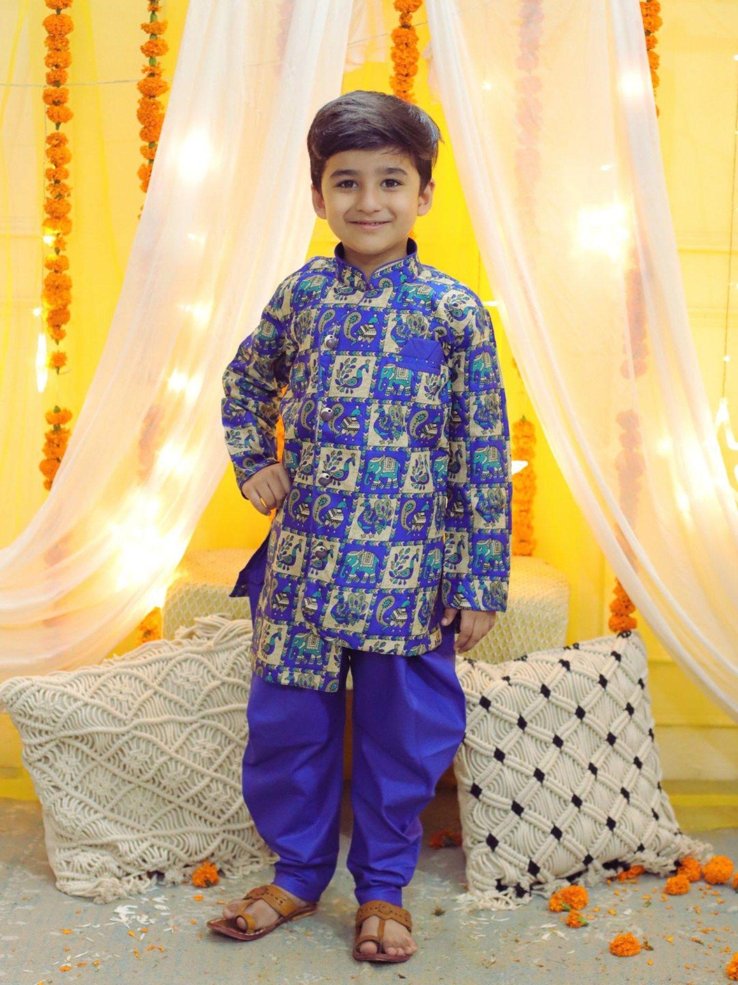 boys mor print full sleeve sherwani with salwar blue (set of 2)