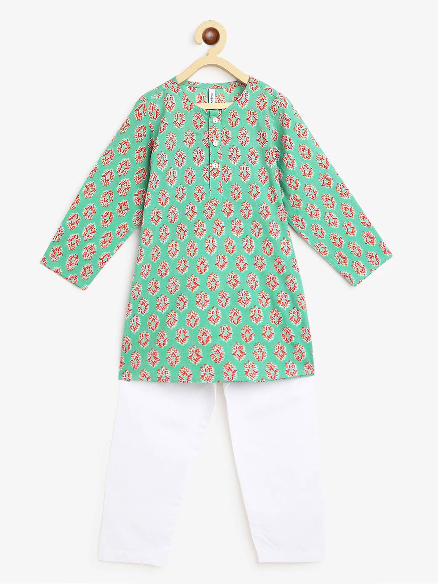 boys mrinal kurta pyjama block print sage green & white (set of 2)
