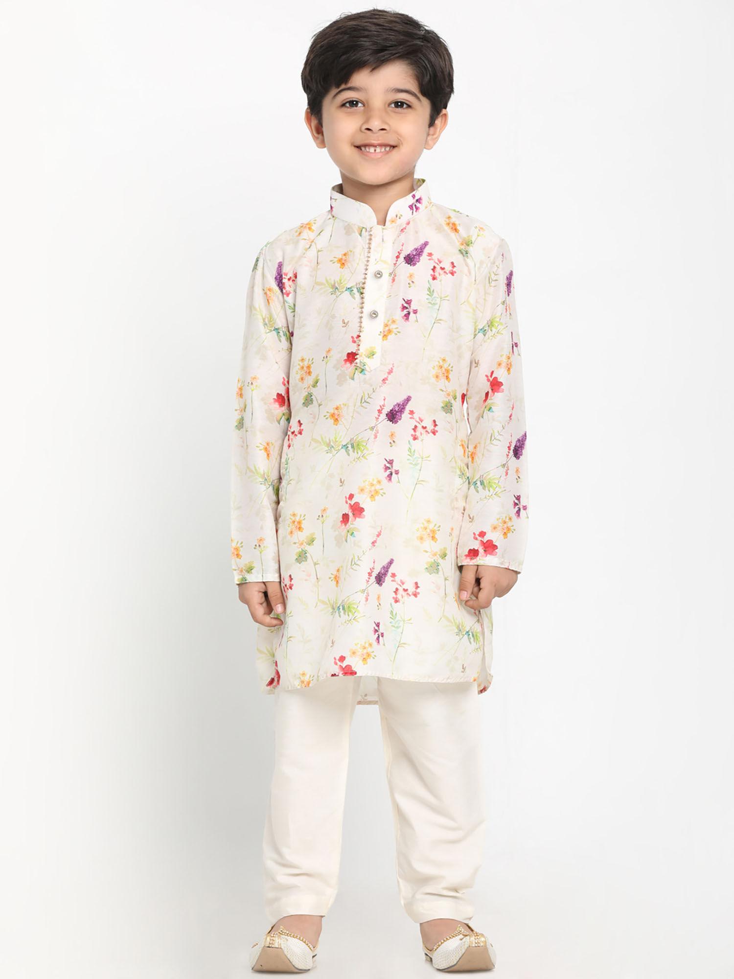 boys multicolor-base-cream cotton blend kurta with pyjama (set of 2)