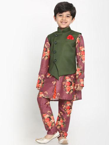 boys multicolor-base-wine cotton blend jacket kurta and pyjama (set of 3)
