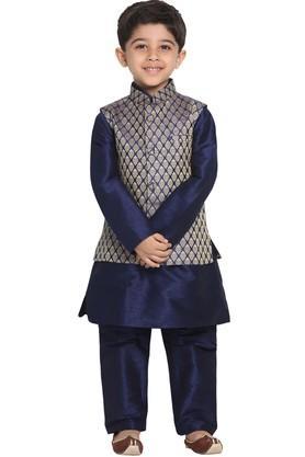 boys navy blue and gold silk blend kurta, ethnic jacket and pyjama set - dark blue