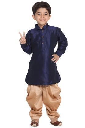 boys navy blue and rose gold silk blend kurta and dhoti pant set - deep blue