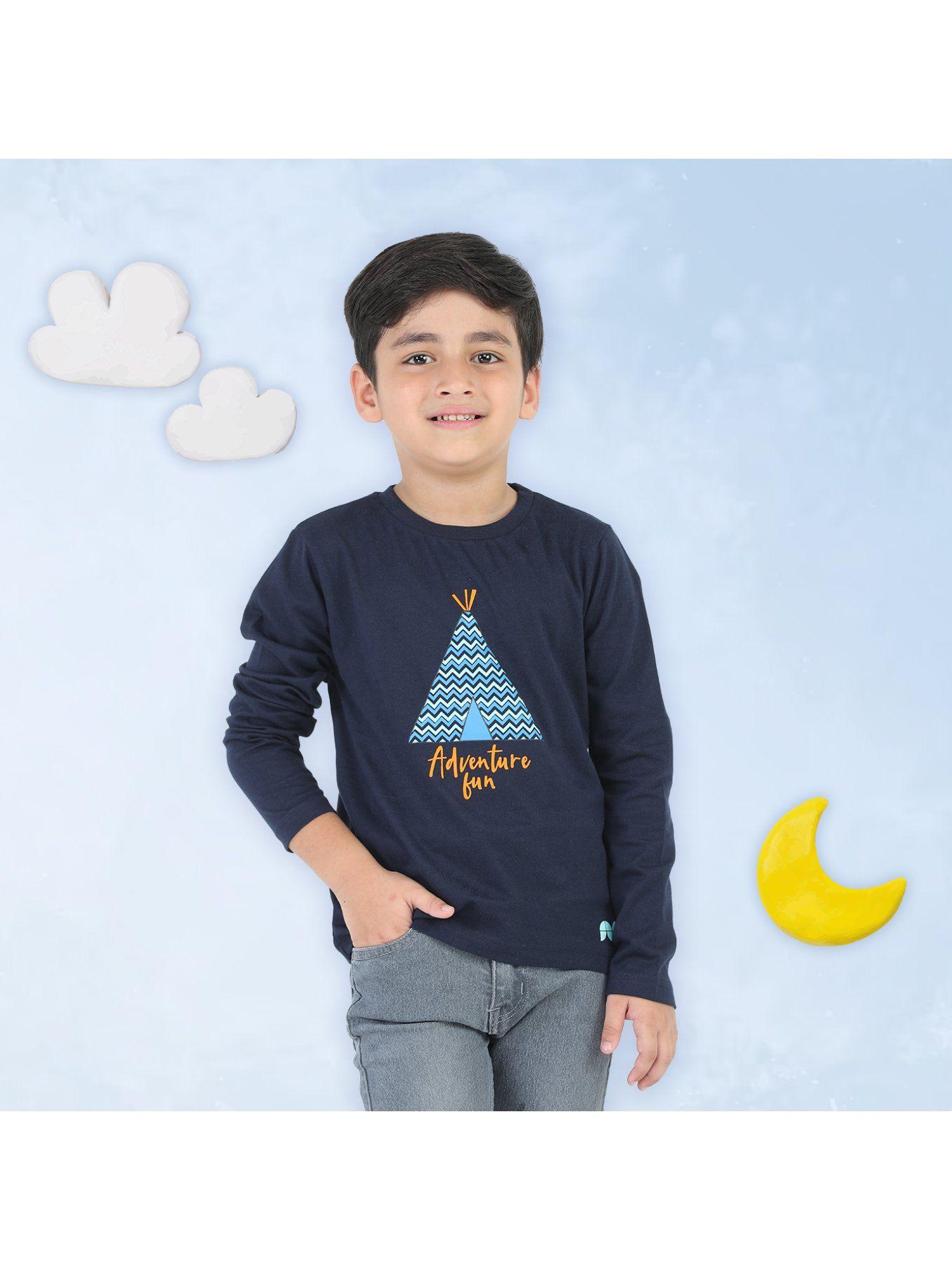 boys navy blue cotton printed full sleeves round neck t-shirt