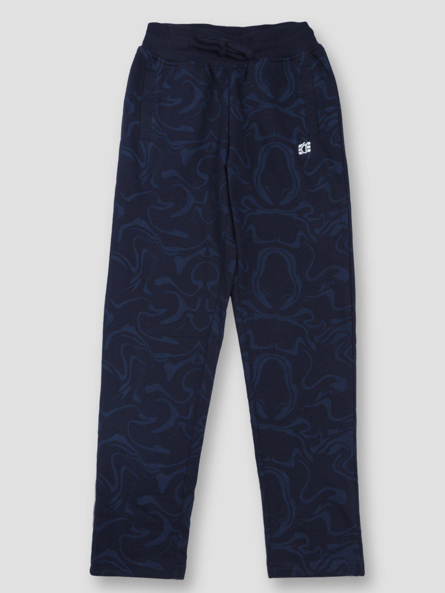 boys navy blue cotton printed trackpant