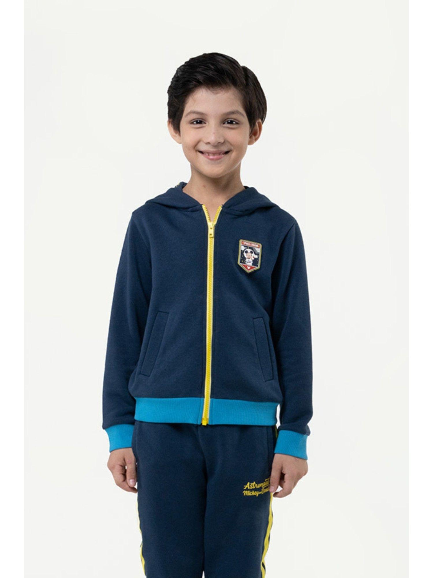 boys navy blue cotton solid hoodie