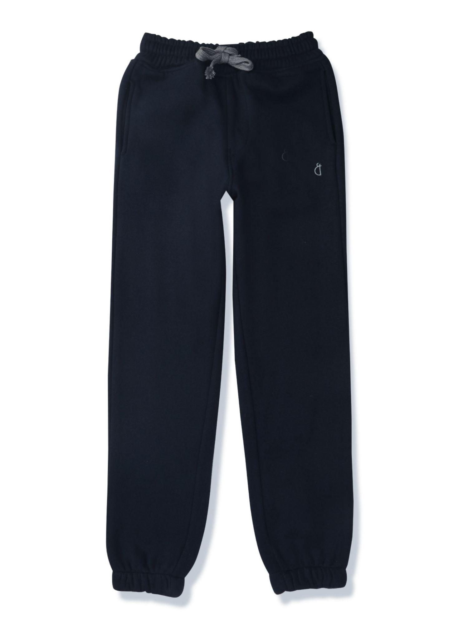 boys navy blue cotton solid trackpants