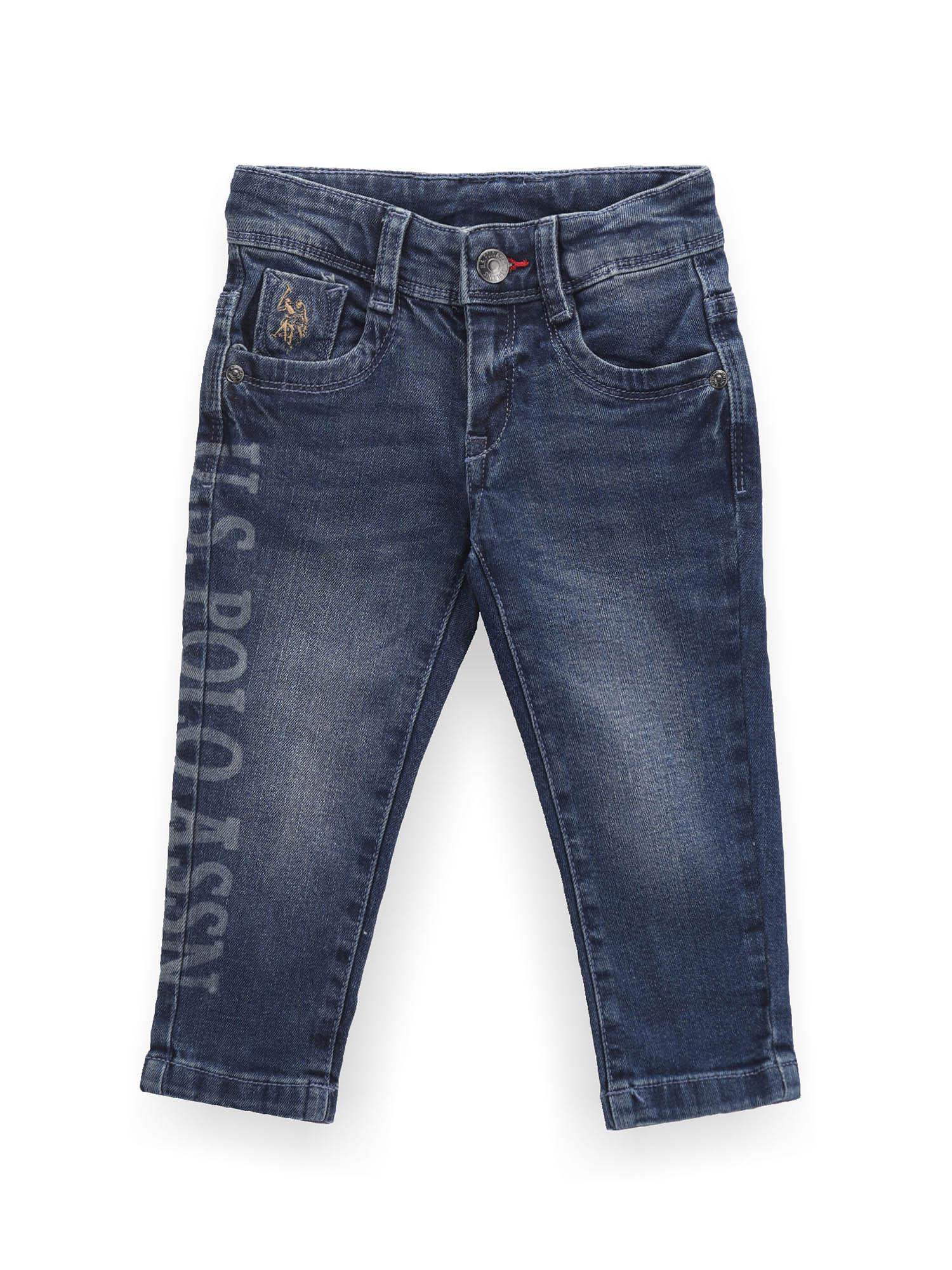 boys navy blue laser branding slim jeans