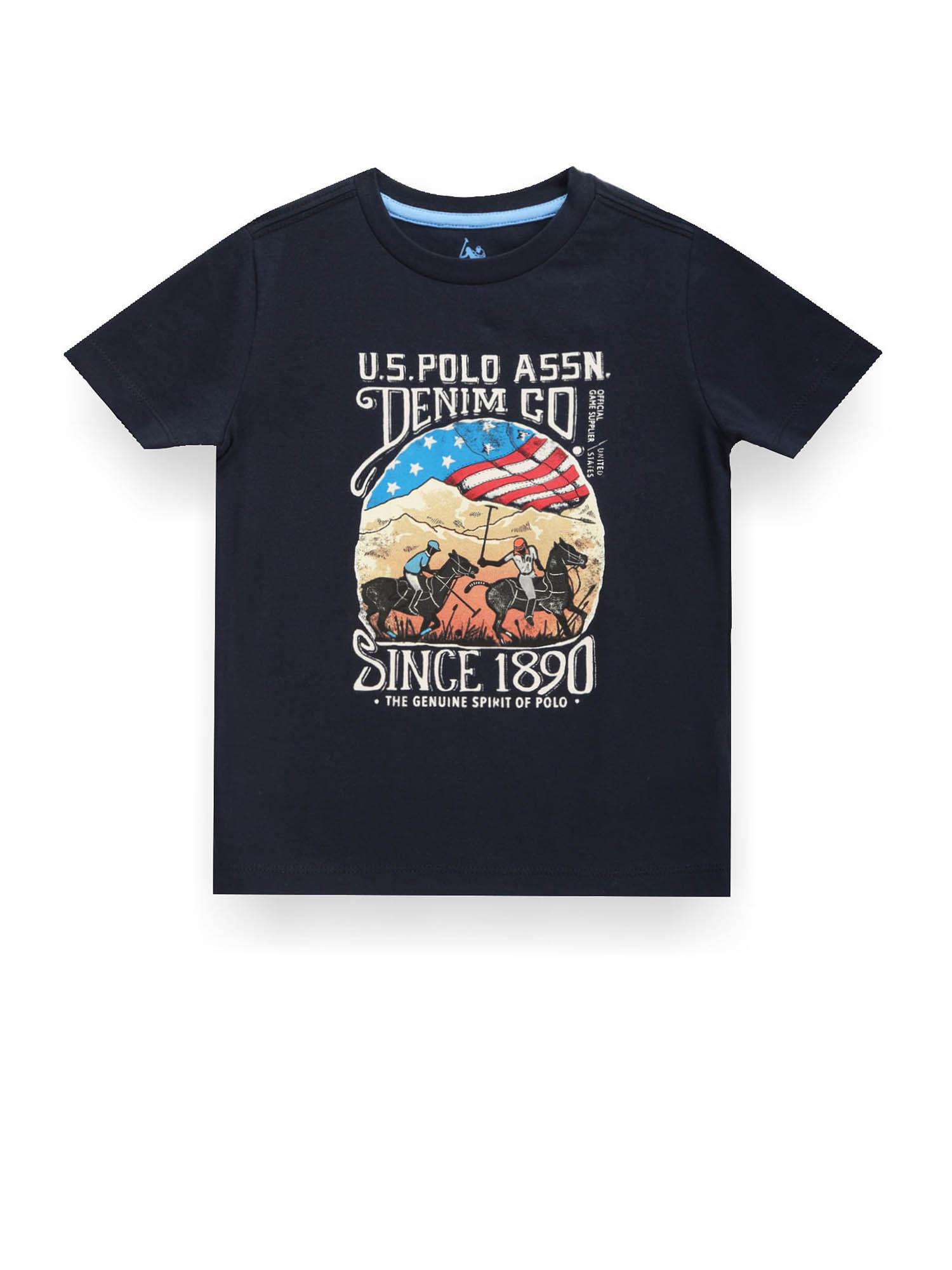 boys navy blue round neck brand print t-shirt