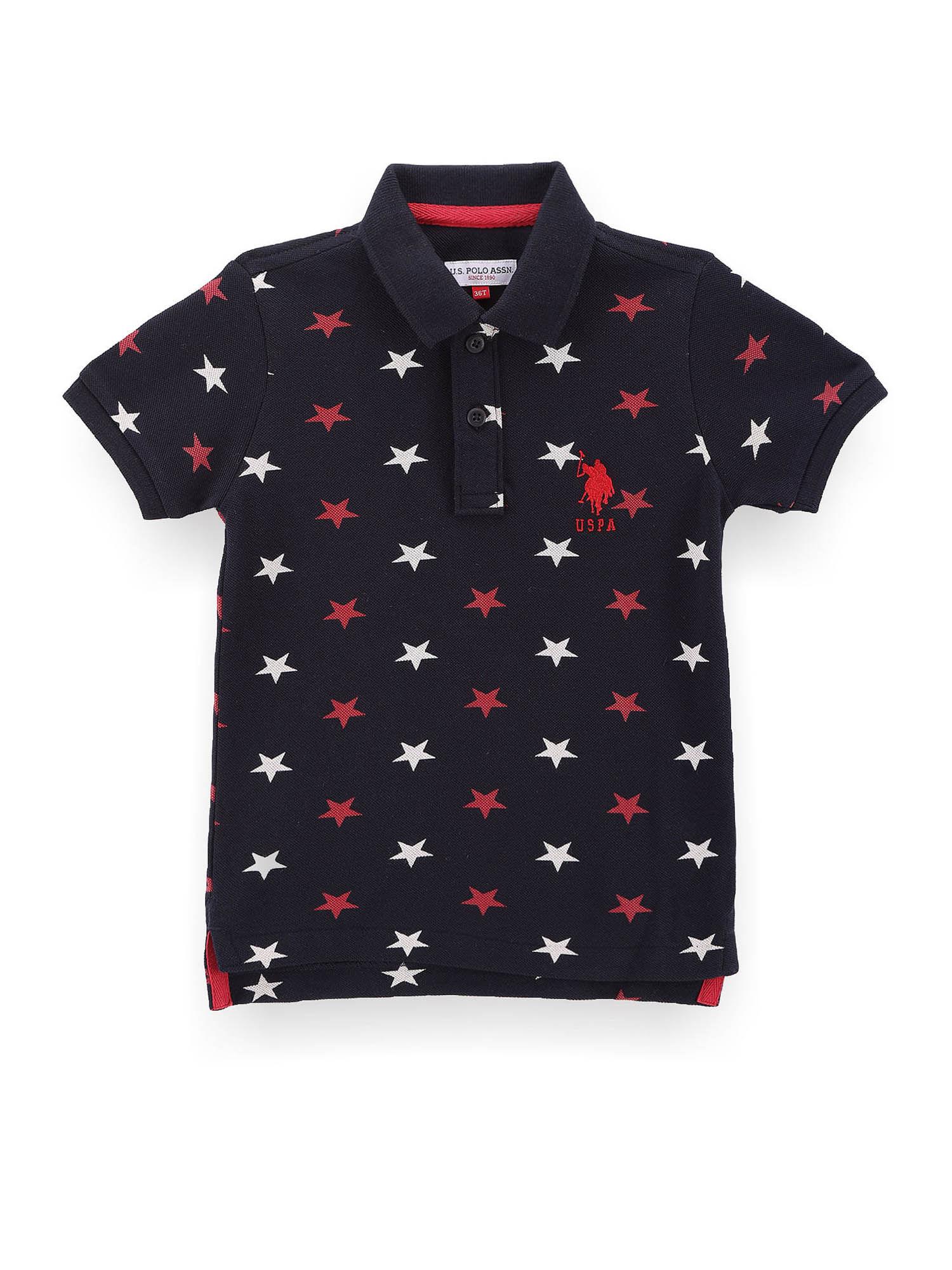 boys navy blue star print pique polo t-shirt
