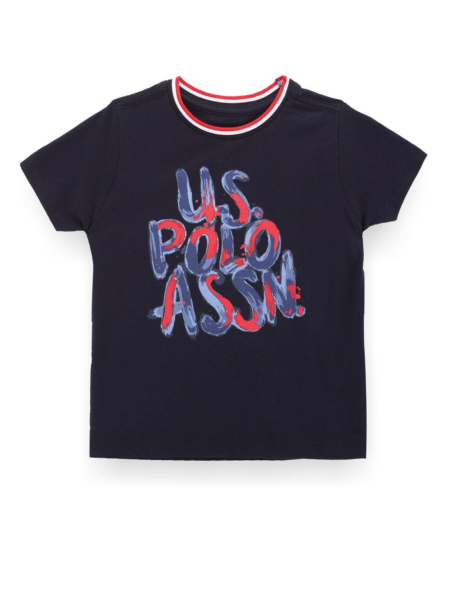 boys navy blue striped round neck with brand print t-shirt