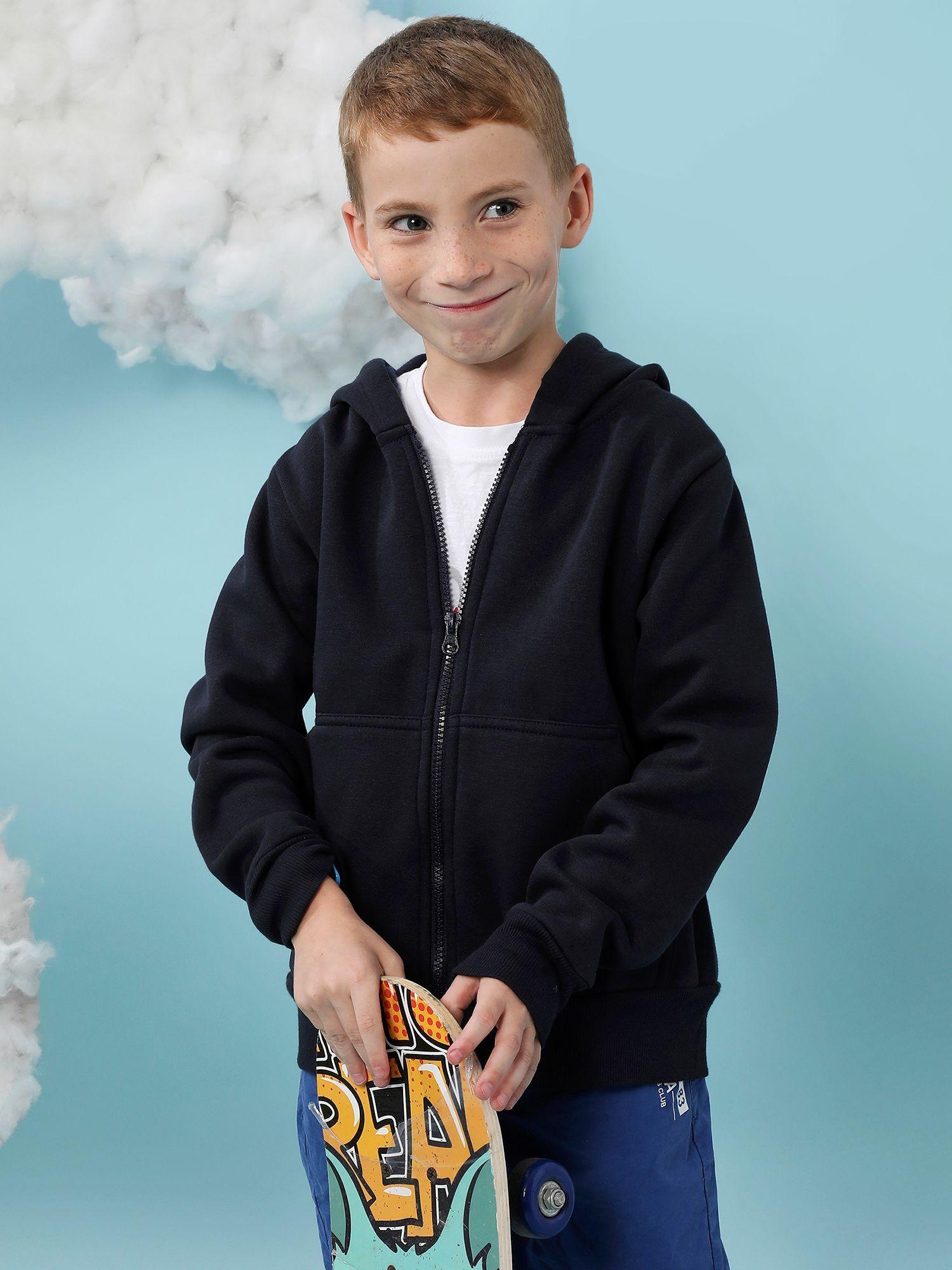 boys navy blue zip-front hoodie with insert pocket