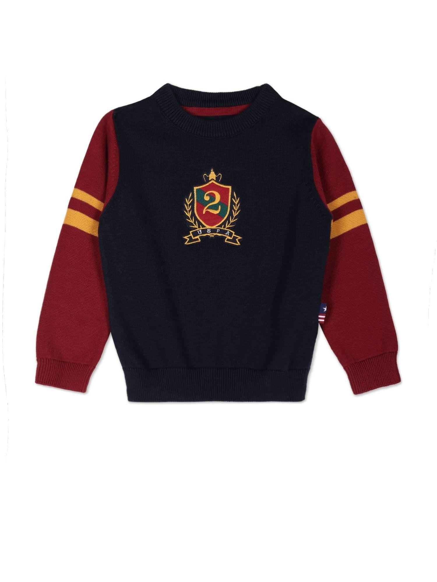boys navy embroidered crest colour block sweater