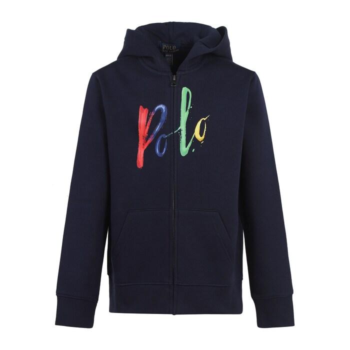 boys navy front branding full-zipper hooded sweatshirt