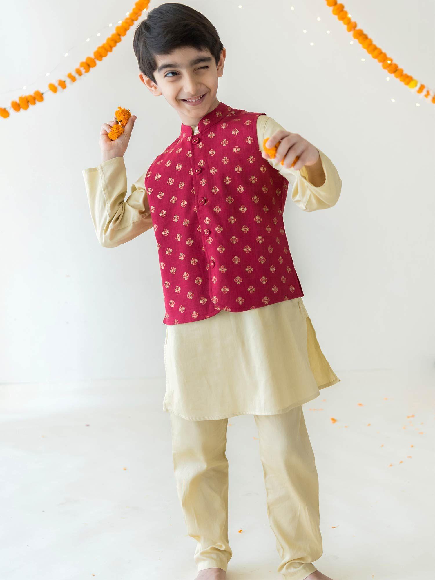 boys nishant block flower print beige kurta pajama with jacket (set of 3)