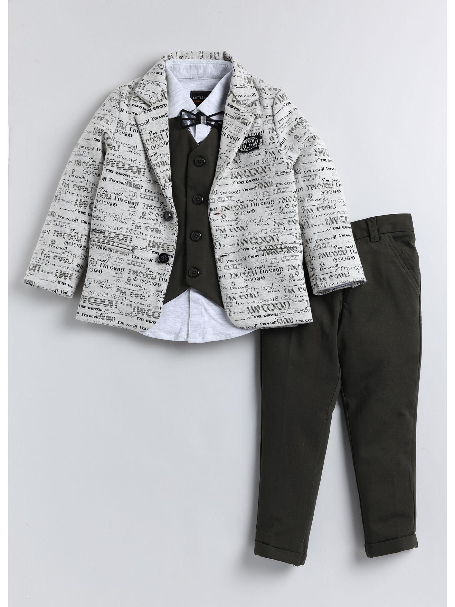 boys olive coat and trouser with waistcoat shirt and bow (set of 5)