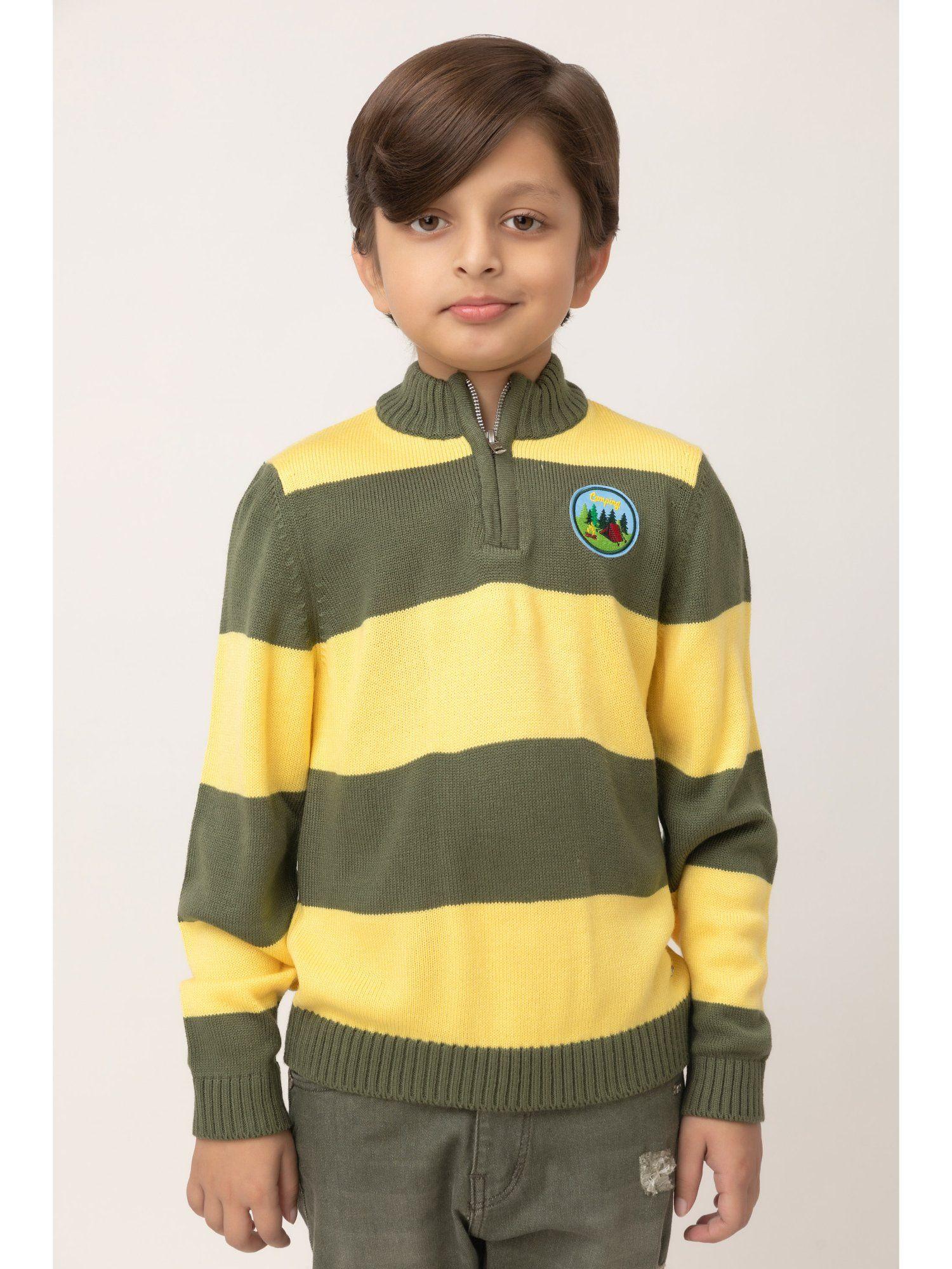 boys olive colorblock full sleeves high neck sweater