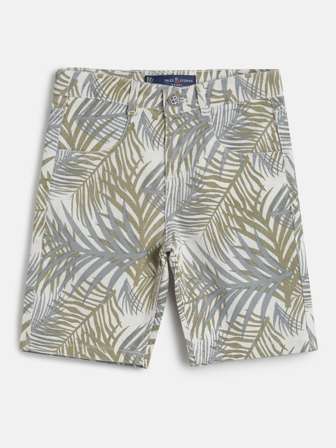 boys olive regular fit tropical print shorts