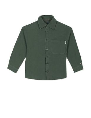 boys olive rounded cuff waffle weave textured shirt