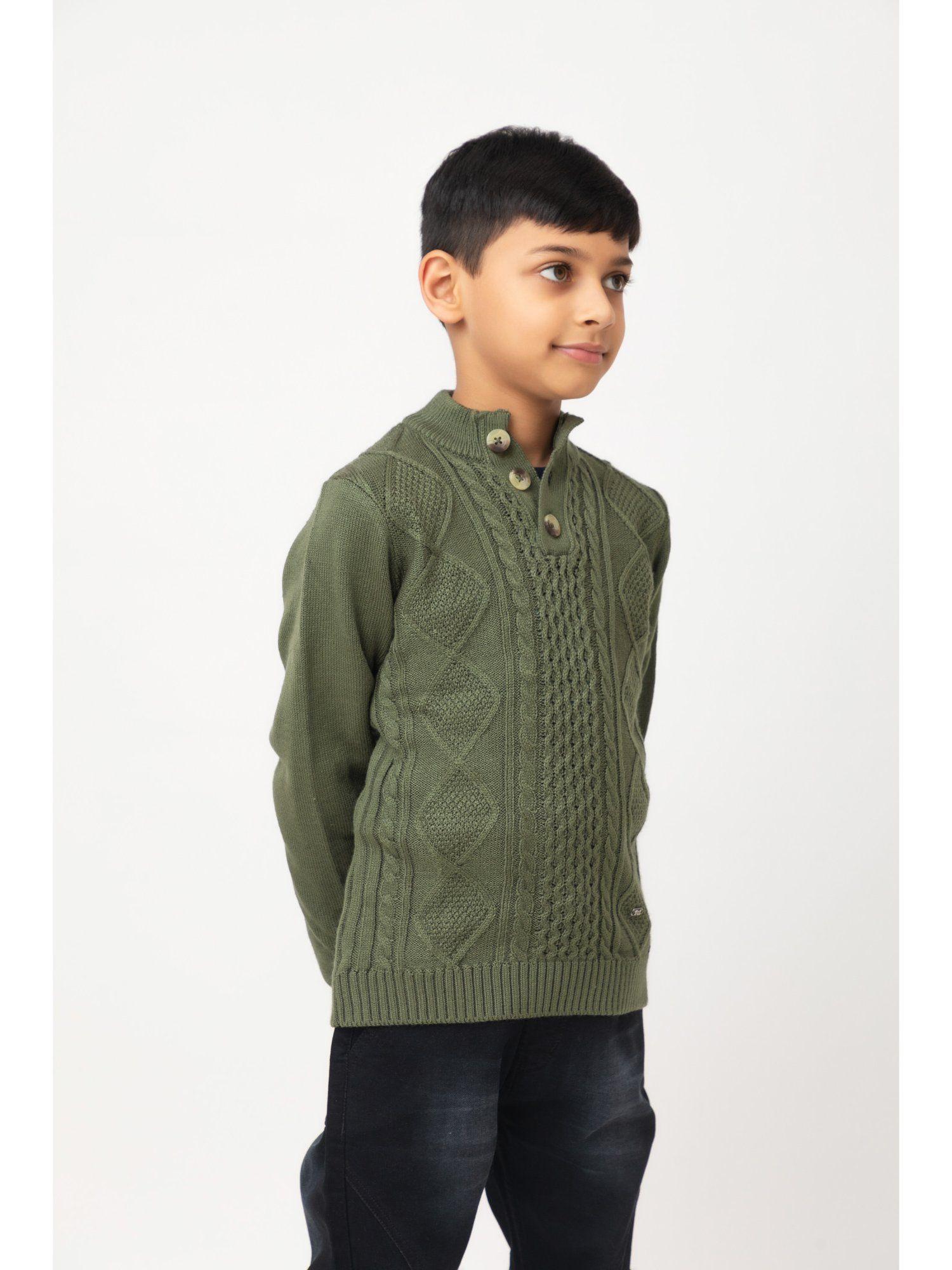 boys olive woven full sleeves high neck sweater