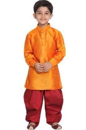 boys orange and maroon silk blend kurta and dhoti pant set - orange