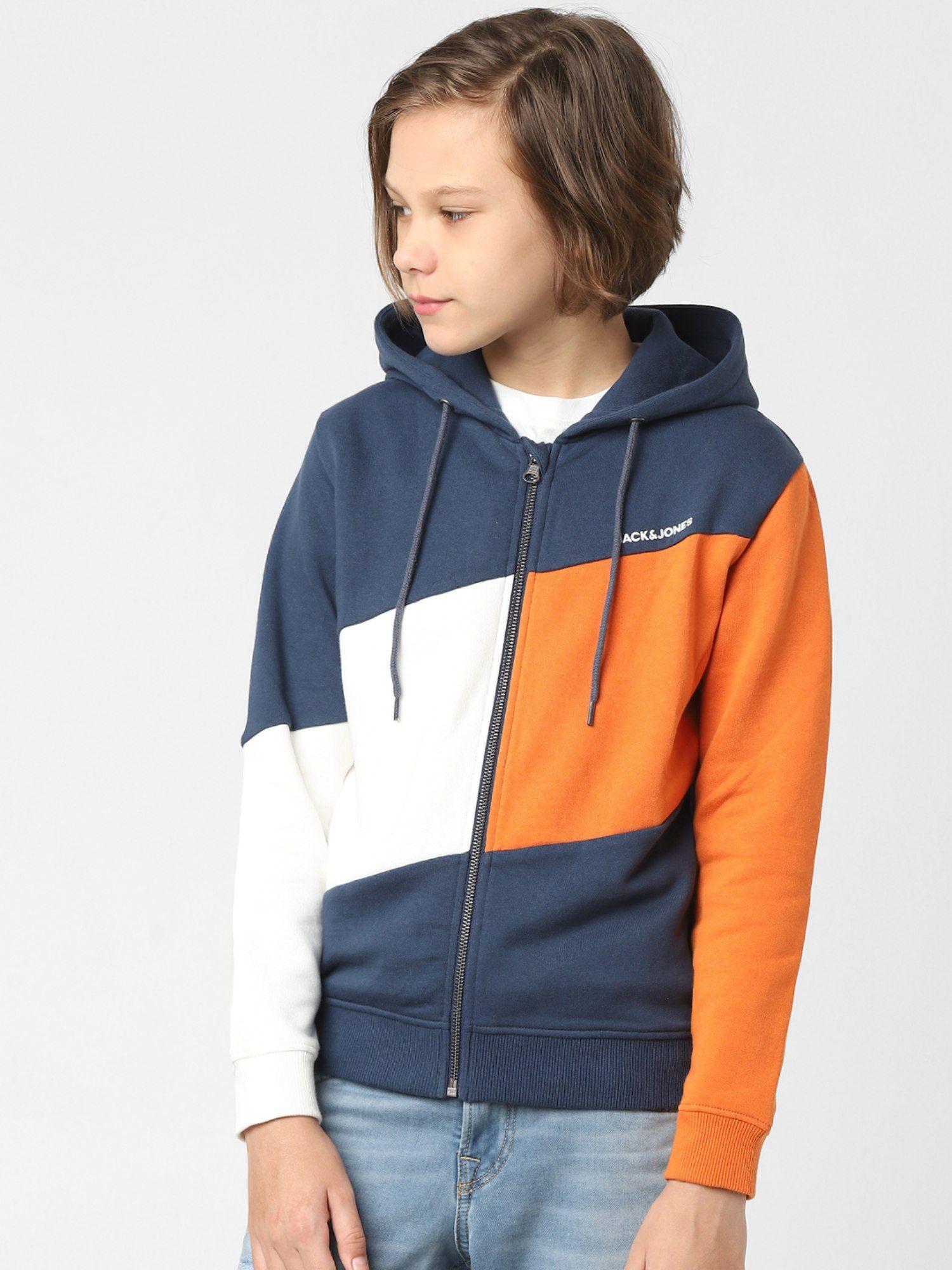 boys orange colourblocked zip-up sweatshirt