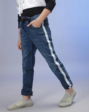 boys panelled stretchable jeans with elasticated drawstring waist