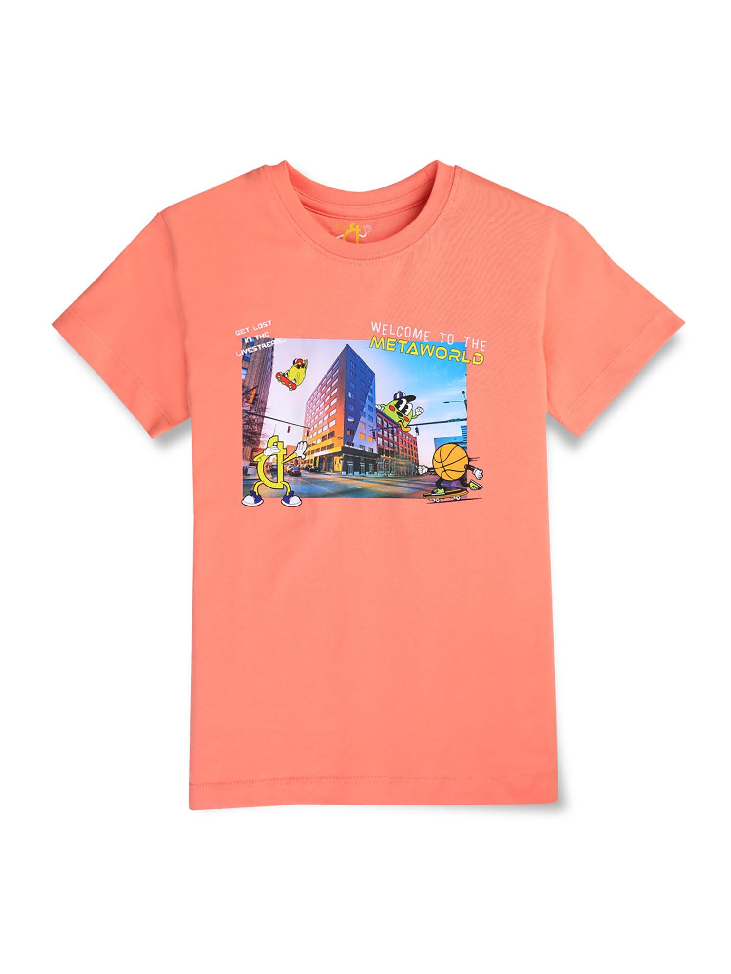 boys peach digital print cotton single jersey t-shirt half sleeves