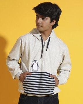 boys penguin print regular fit hoodie with kangaroo pockets