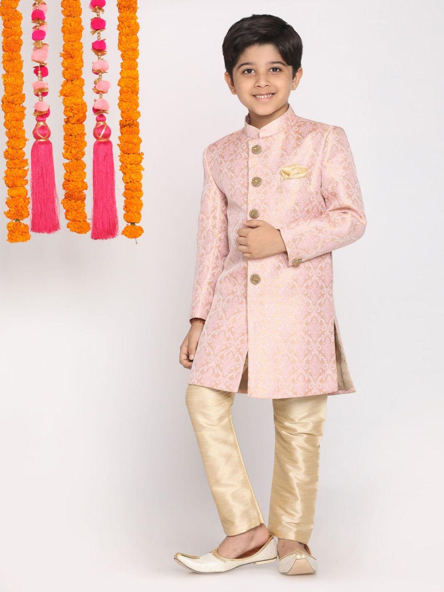 boys pink & gold sherwani & pyjama (set of 2)