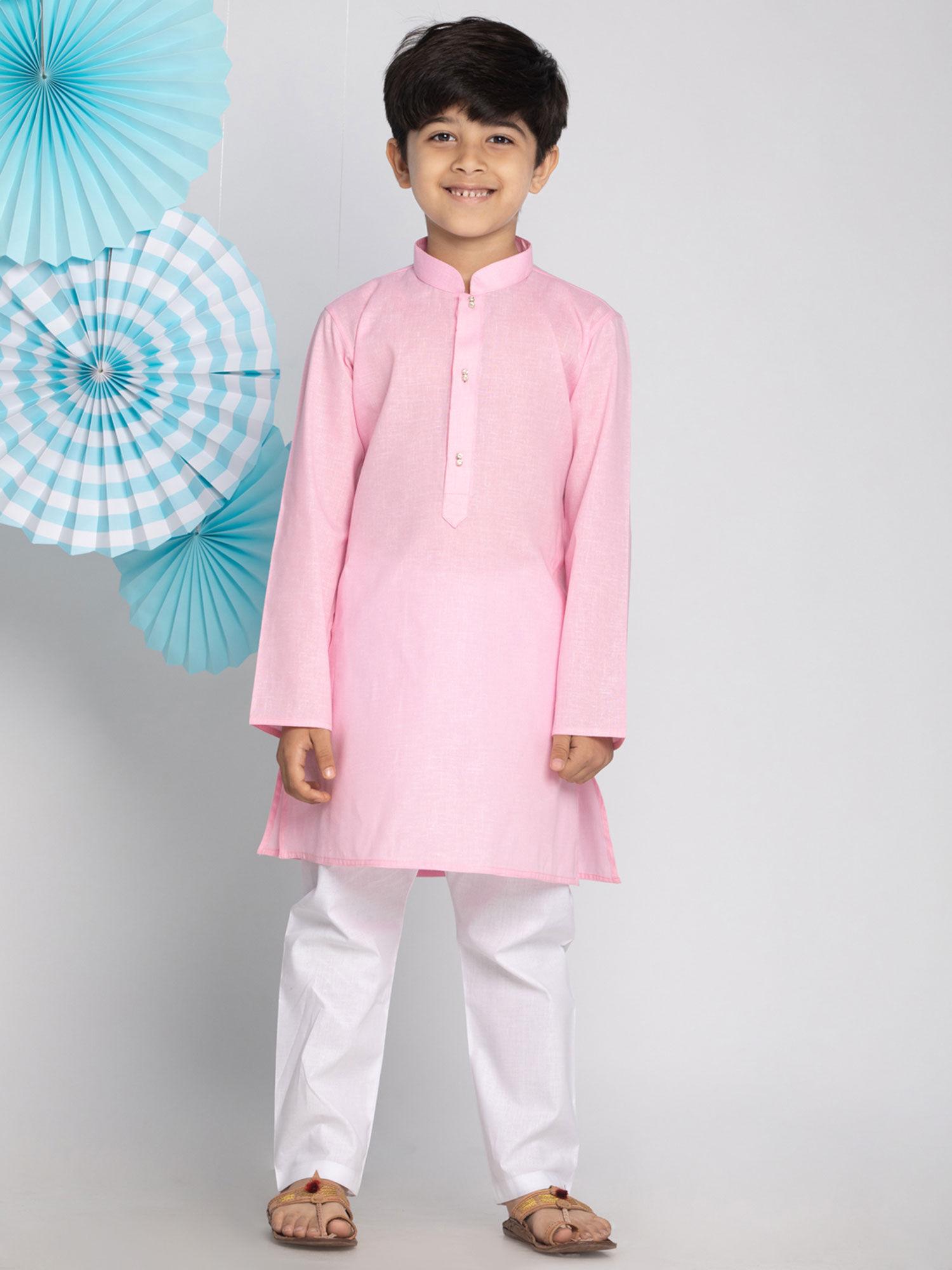 boys pink and white kurta pyjama (set of 2)