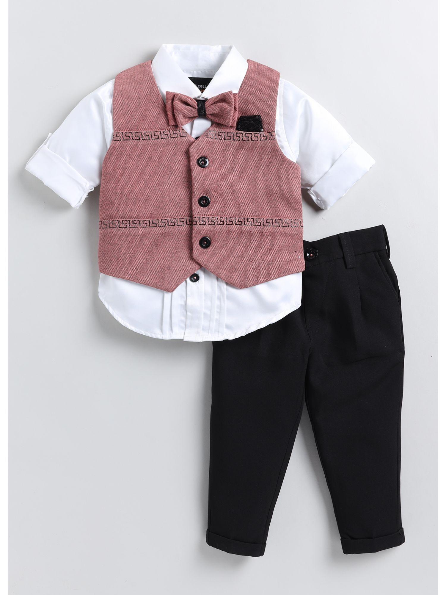 boys pink embellished jacket and trouser with shirt and bow (set of 4)