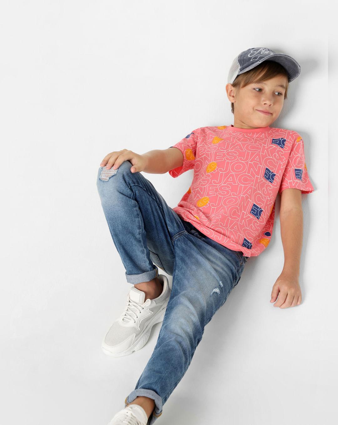 boys pink logo print crew neck t-shirt