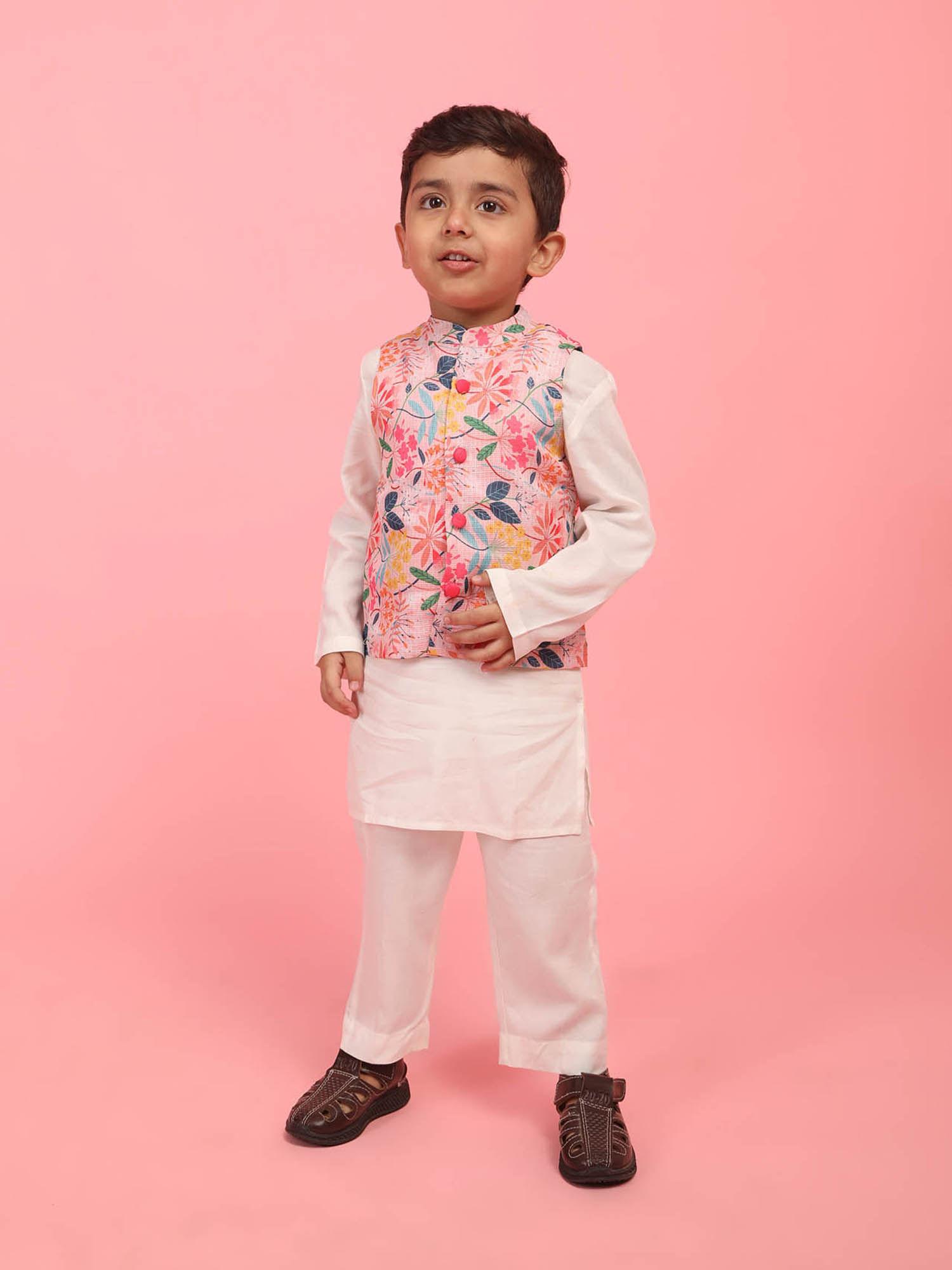 boys pink printed waistcoat with kurta & pant (set of 3)