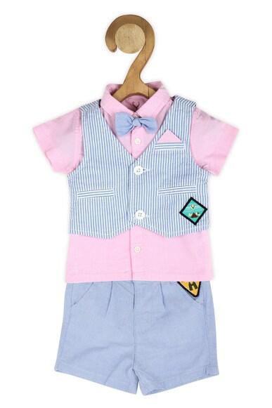 boys pink regular fit stripe casual shirt, waistcoat and shorts