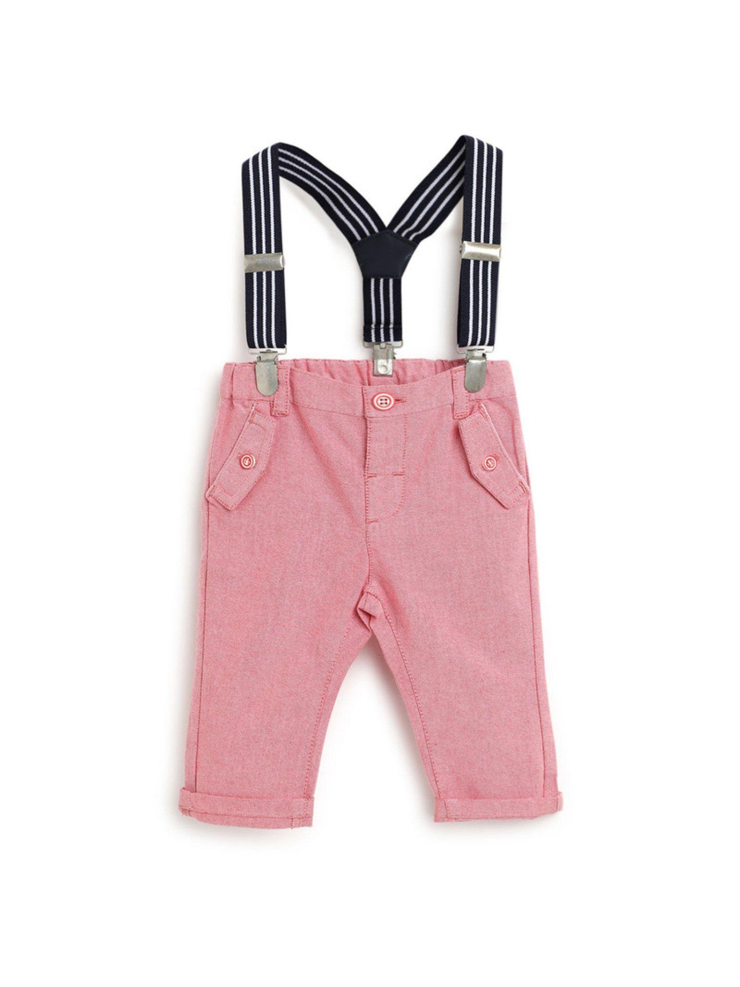 boys pink solid long trousers with attached suspender