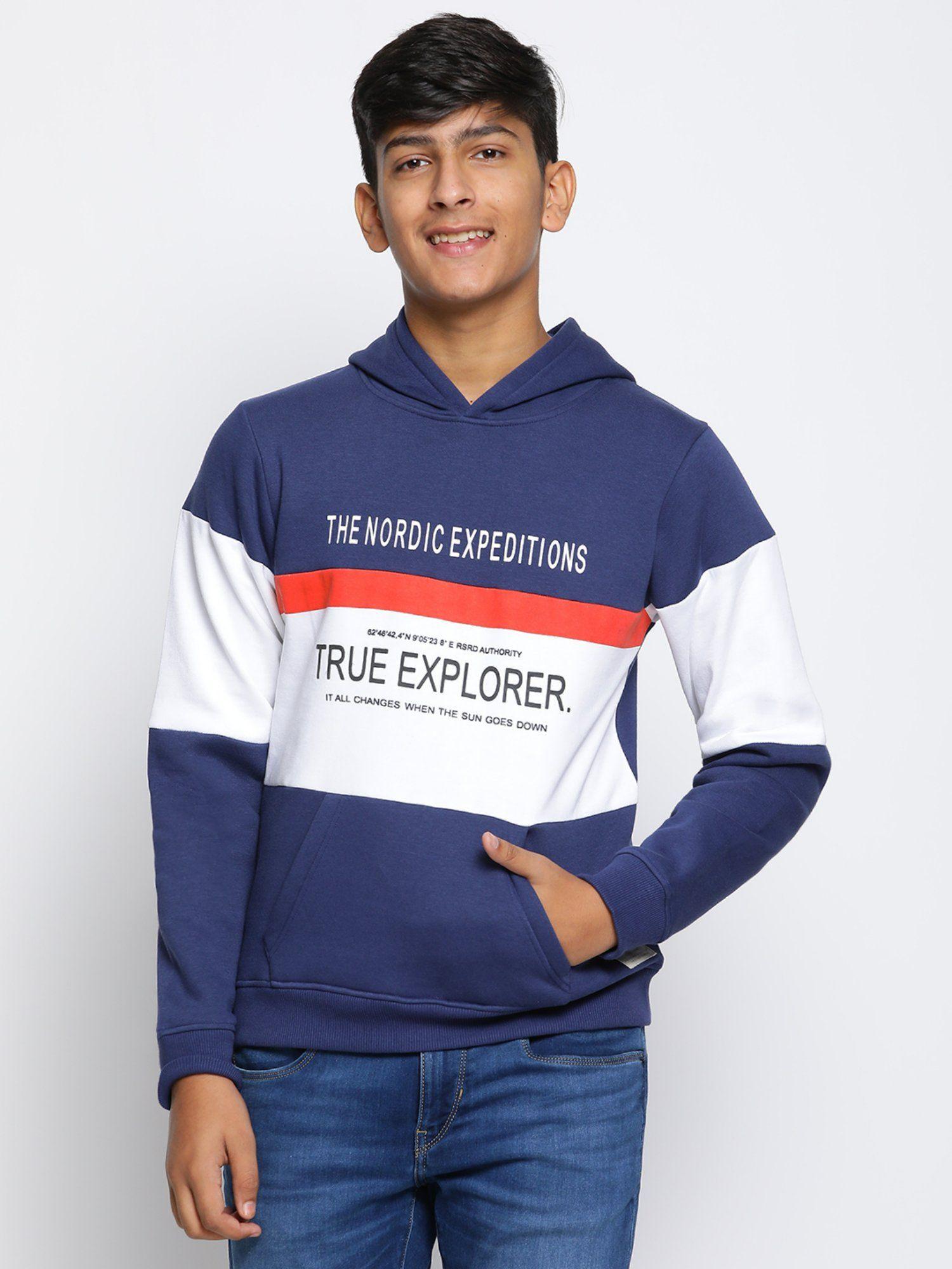boys printed cotton fleece hoodies navy blue