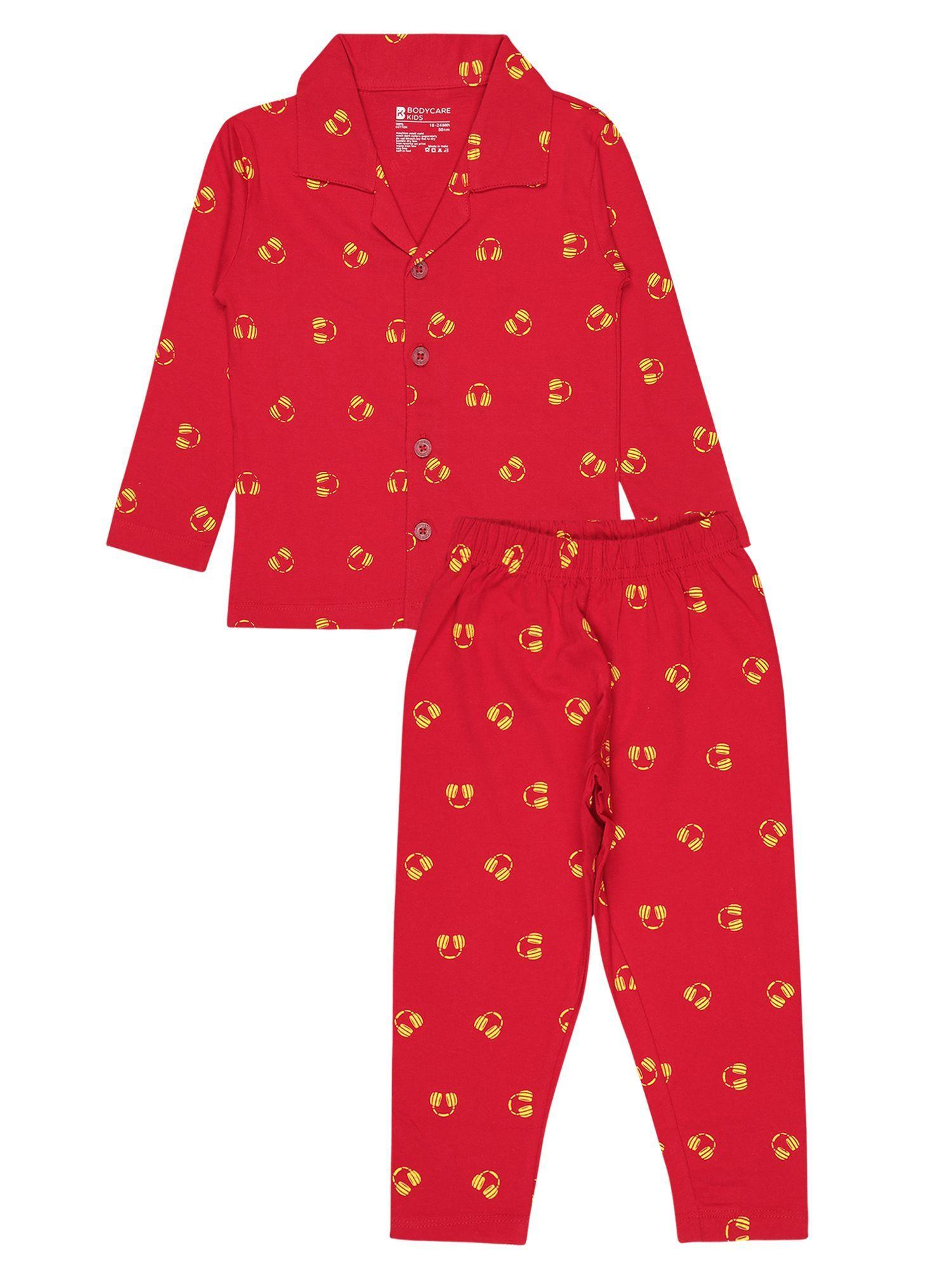 boys printed night suit red (set of 2)