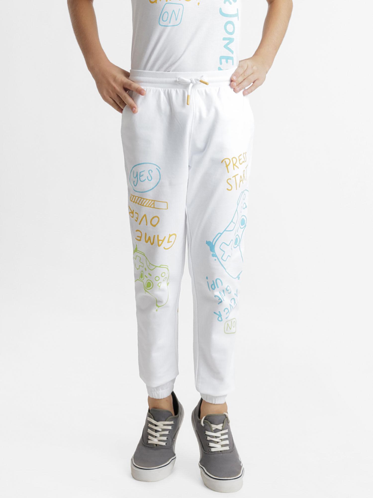 boys printed white trackpants