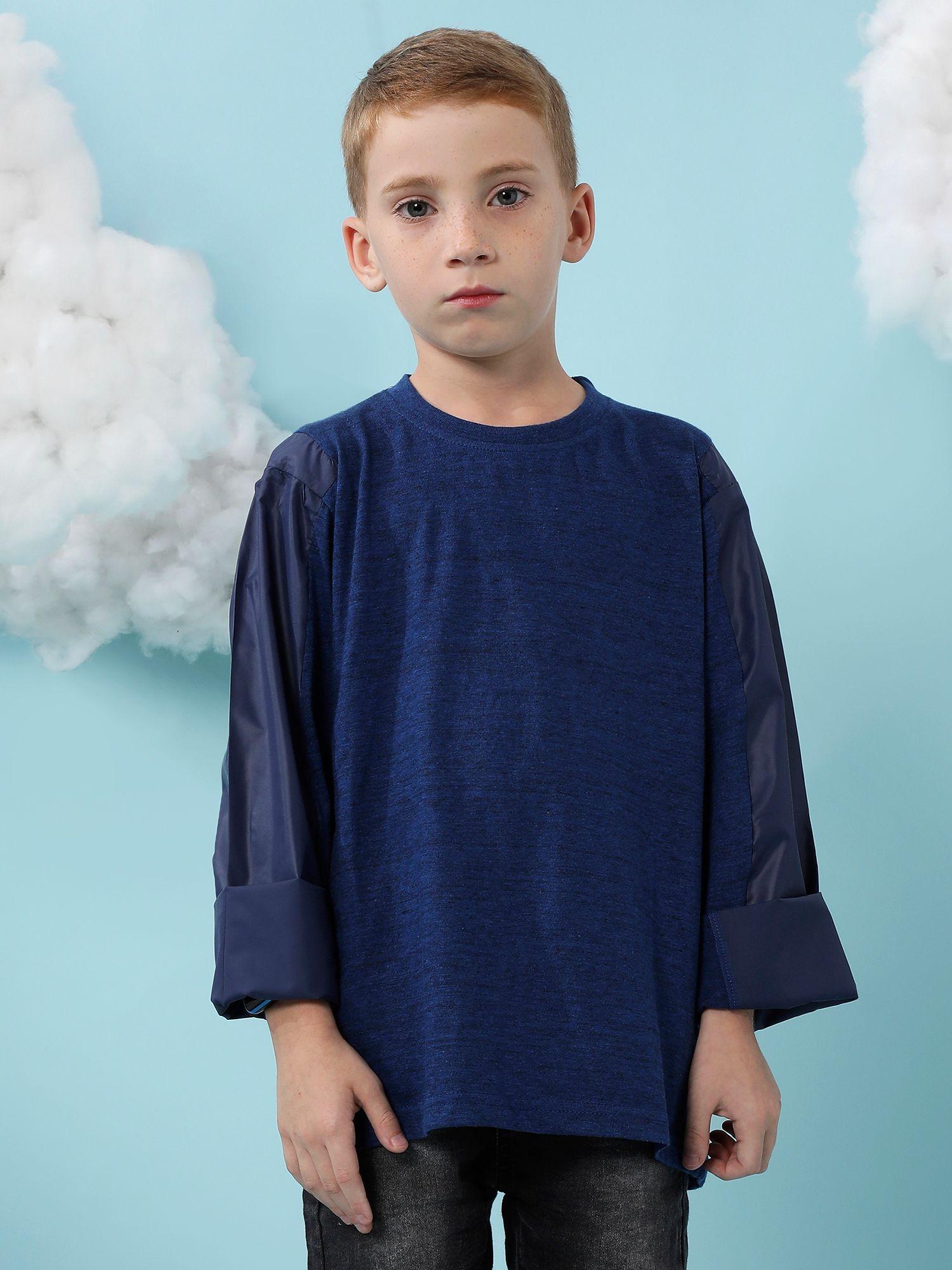 boys prussian blue contrast panel sleeves t-shirt