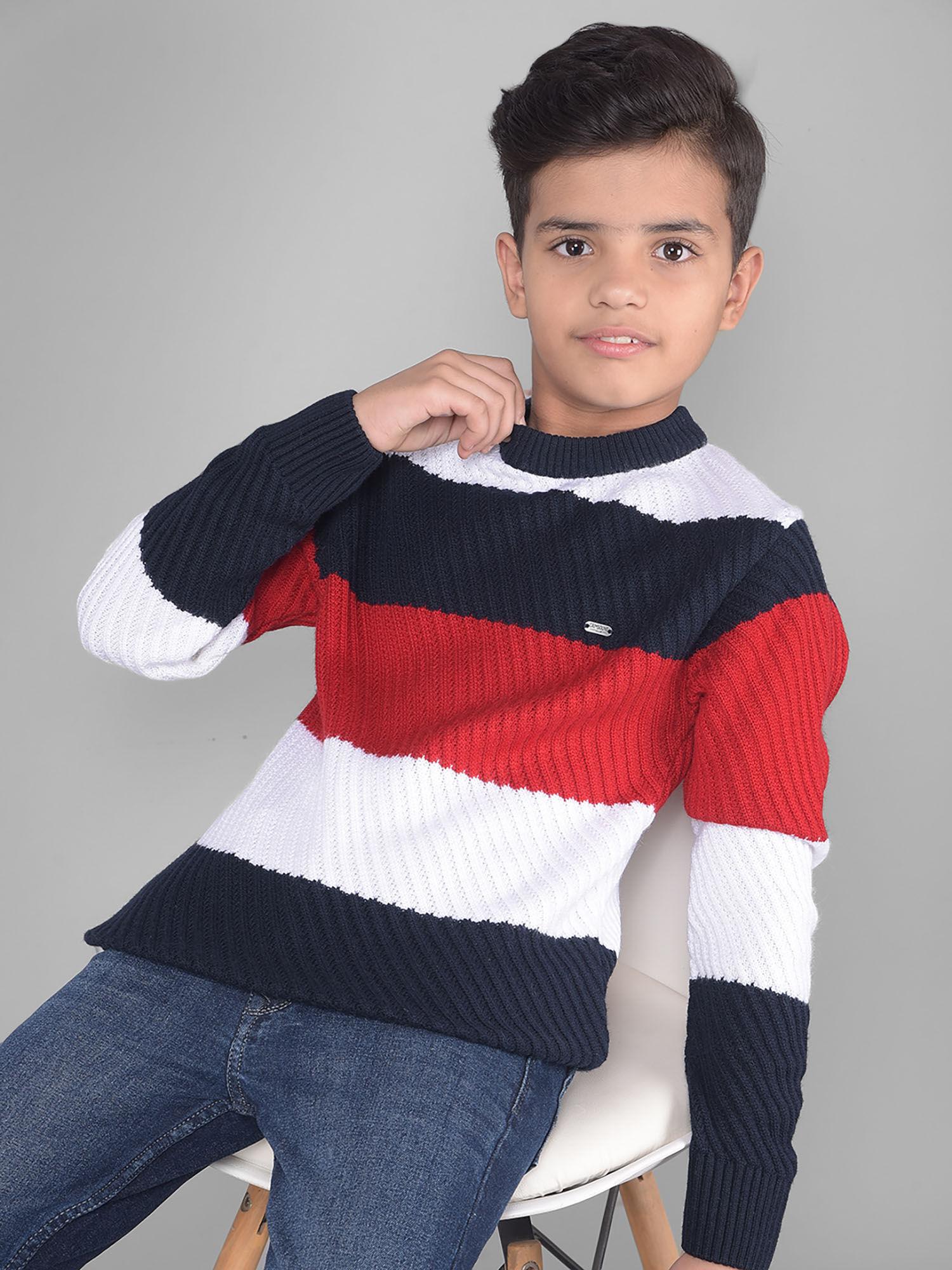 boys red colorblock round neck sweater